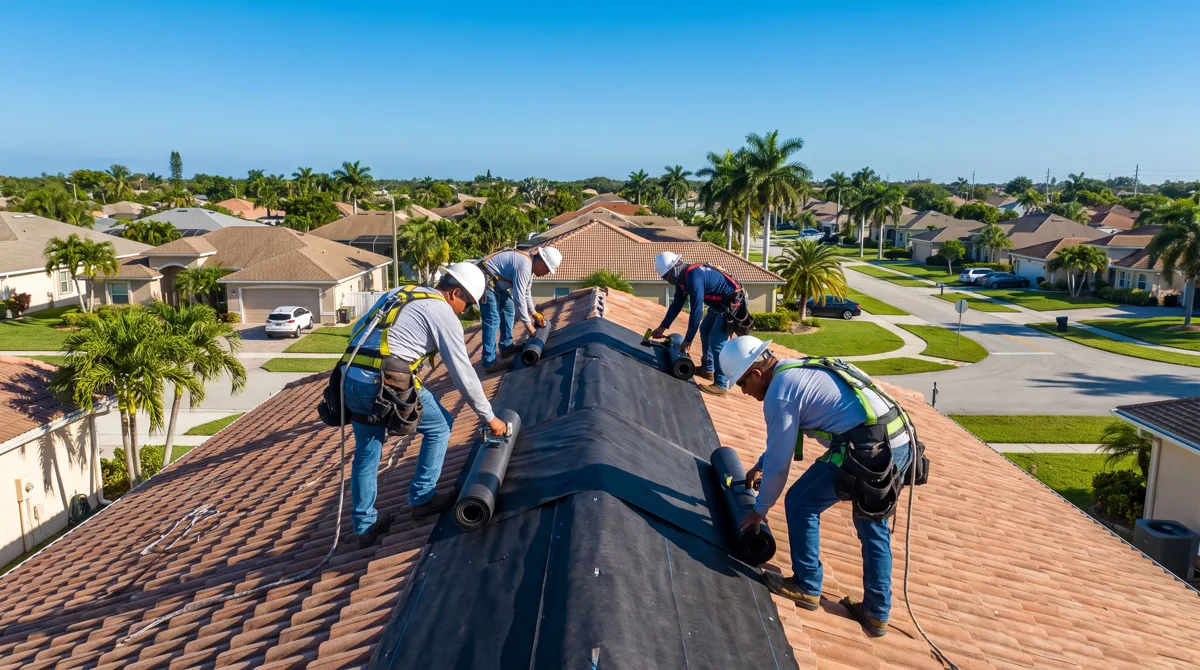 A roofing crew rolling out underlayment across a South Florida tile roof
