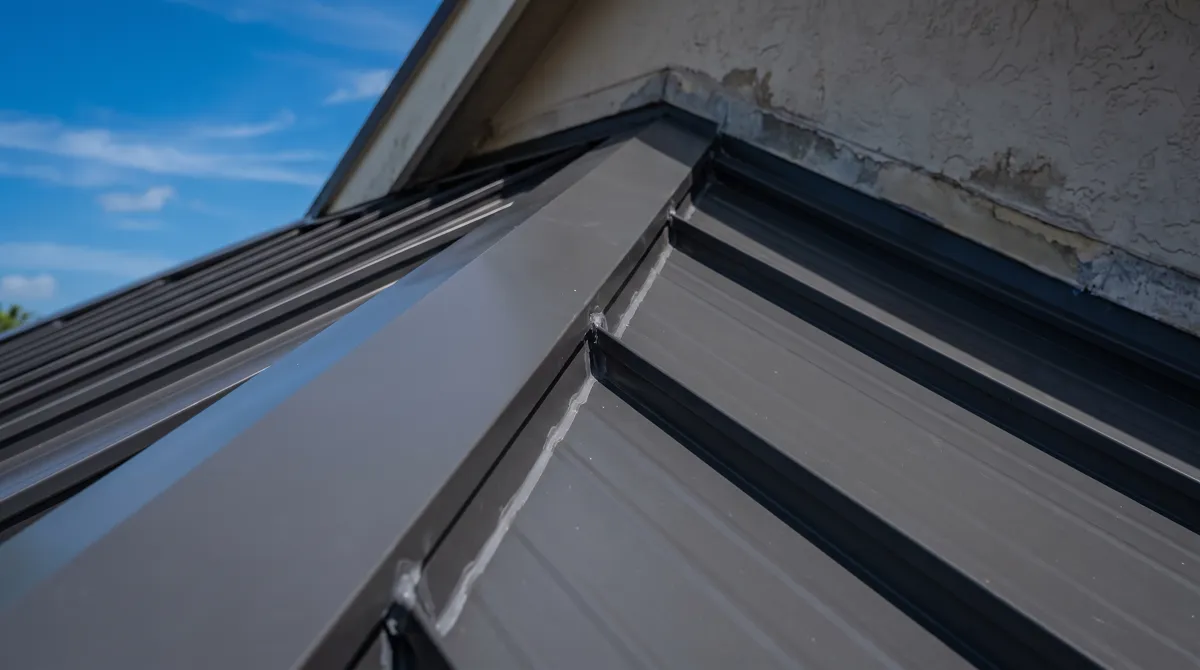 Close-up of the ridge cap and standing seam detail on a finished metal roof