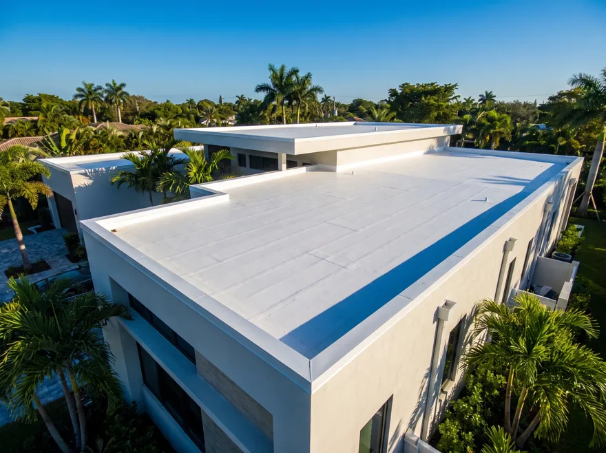 White low slope flat membrane roof in Aventura, FL