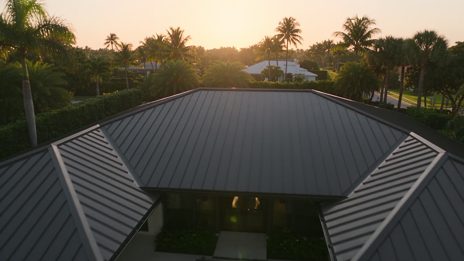 Completed metal roof at golden hour